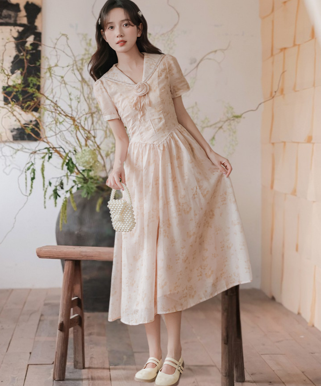 ローズモチーフ付き花柄セーラーワンピース – jemiremi（ジェミレミ）