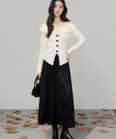 オフショルダーリボントップス＋ティアードスカート 2点セット