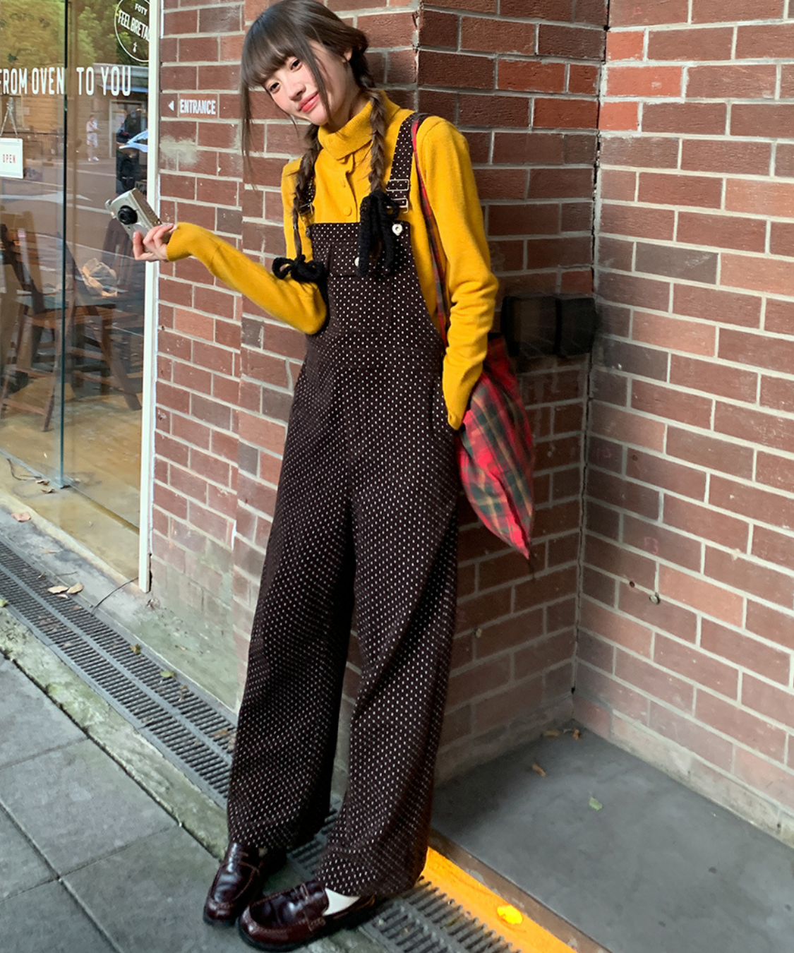 ドット柄ワイドサロペットパンツ