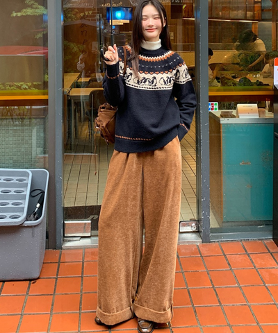 ベロア調裾ダブルワイドパンツ