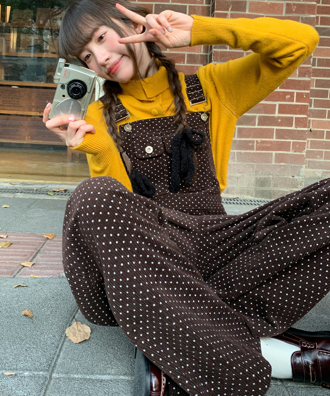 ドット柄ワイドサロペットパンツ