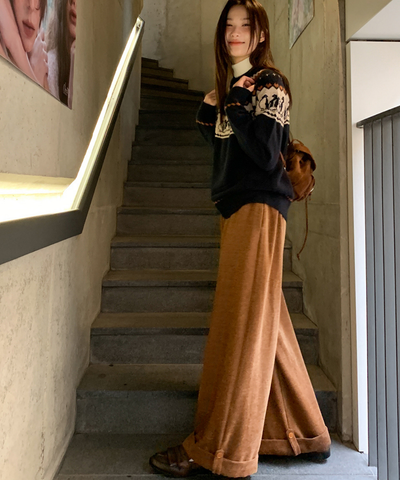 ベロア調裾ダブルワイドパンツ