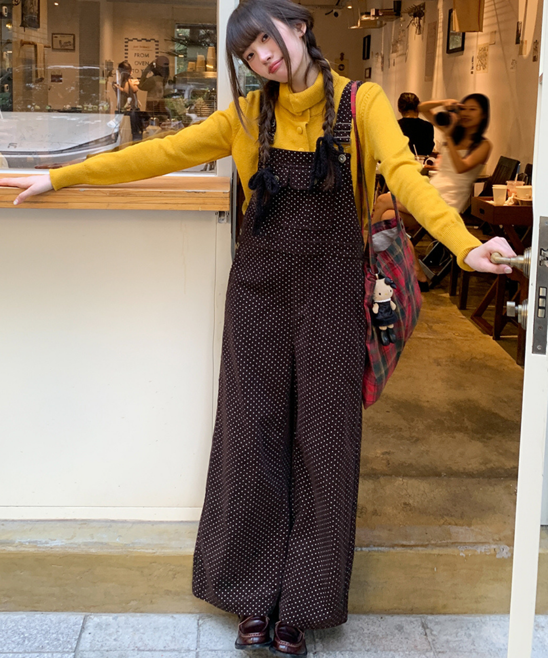 ドット柄ワイドサロペットパンツ