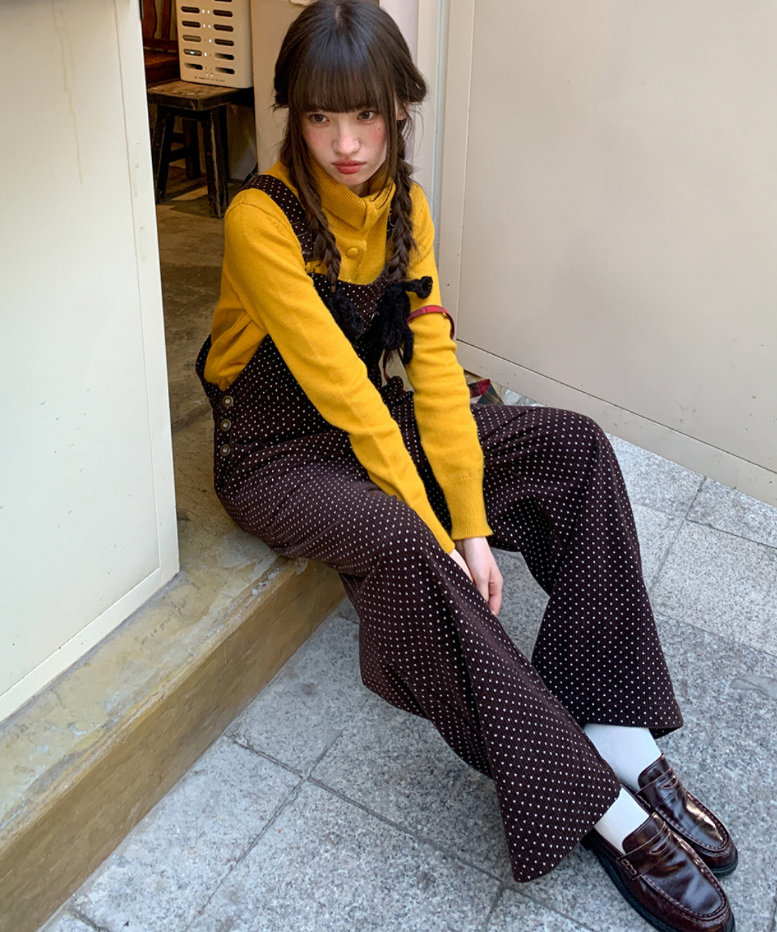 ドット柄ワイドサロペットパンツ