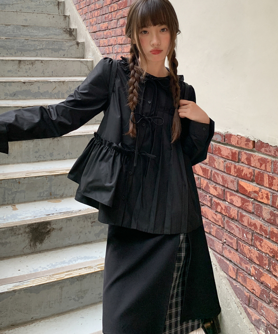 ダッフルボタン付きレイヤード風チェックスカート