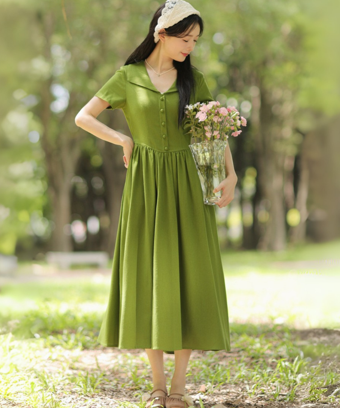 フロントボタン付きクスエアカラーワンピース