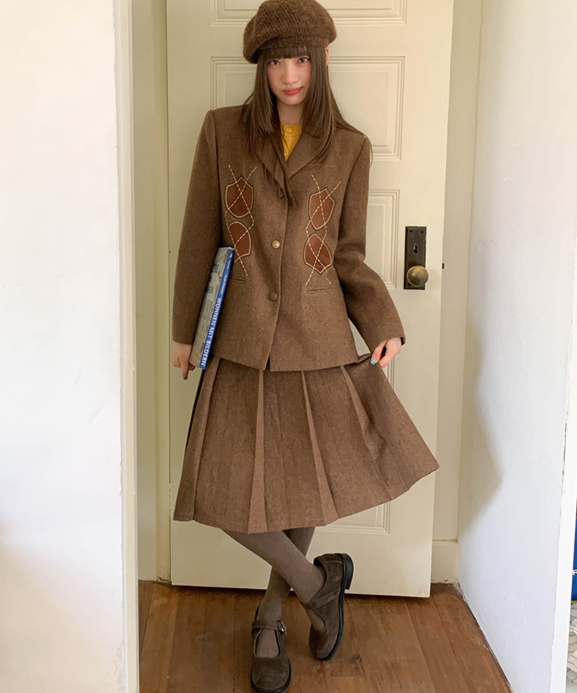 アーガイル刺繍ジャケット＋ボックスプリーツスカート 2点セット