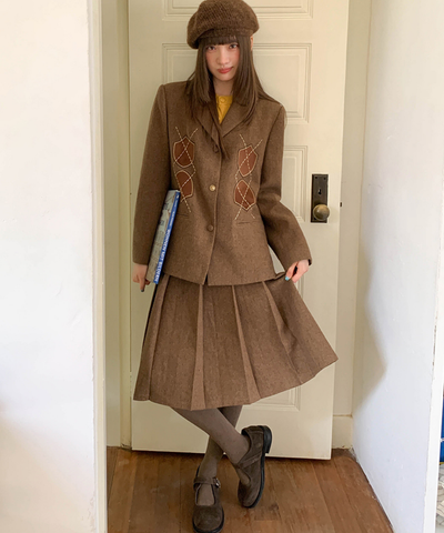 アーガイル刺繍ジャケット＋ボックスプリーツスカート 2点セット