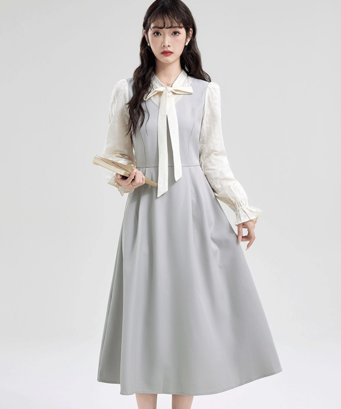 ボウタイレーススリーブ切替フェイクレイヤードワンピース