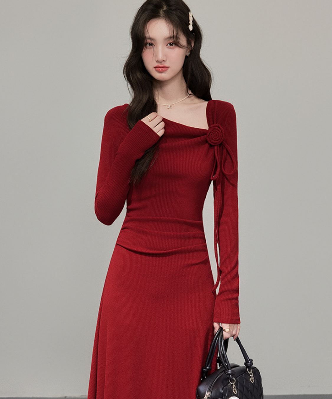 フラワーモチーフリボンリブニットワンピース