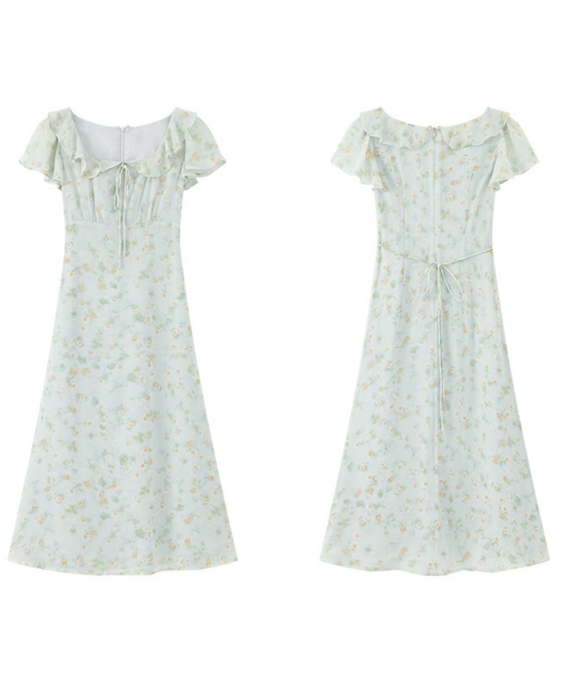 フリルスリーブ胸元リボン付きワンピース