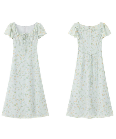 フリルスリーブ胸元リボン付きワンピース