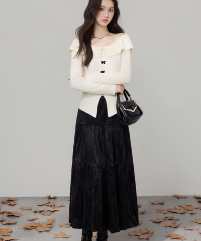 オフショルダーリボントップス＋ティアードスカート 2点セット