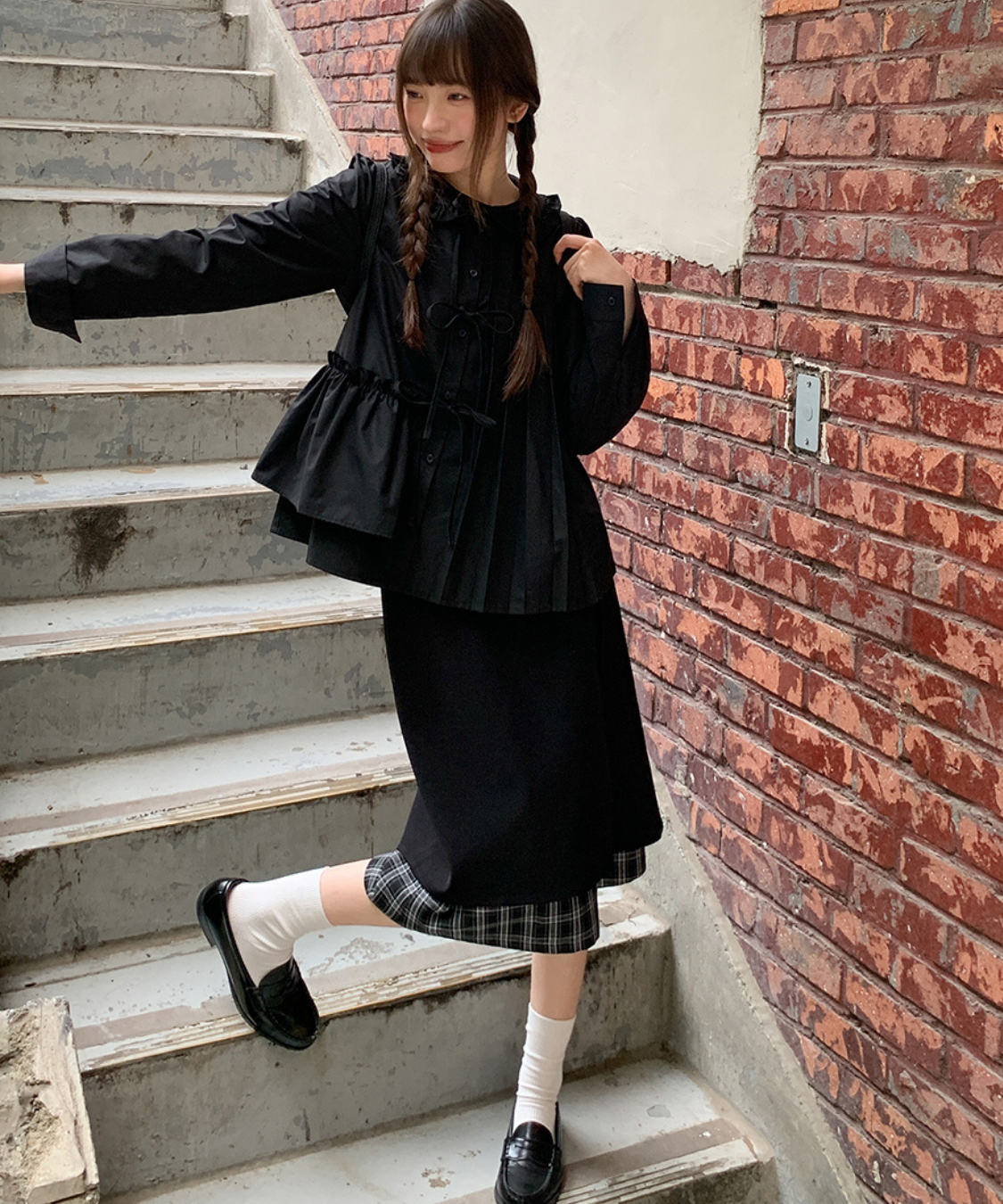 ダッフルボタン付きレイヤード風チェックスカート