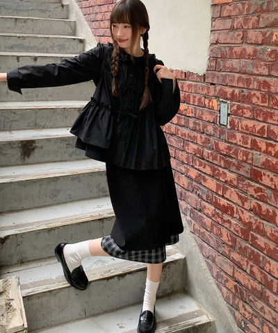 ダッフルボタン付きレイヤード風チェックスカート