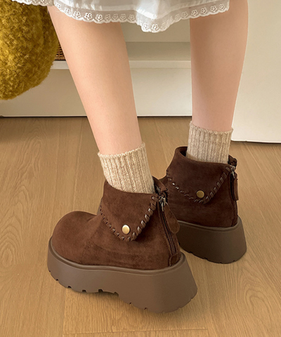 スエード調折り返し厚底ショートブーツ