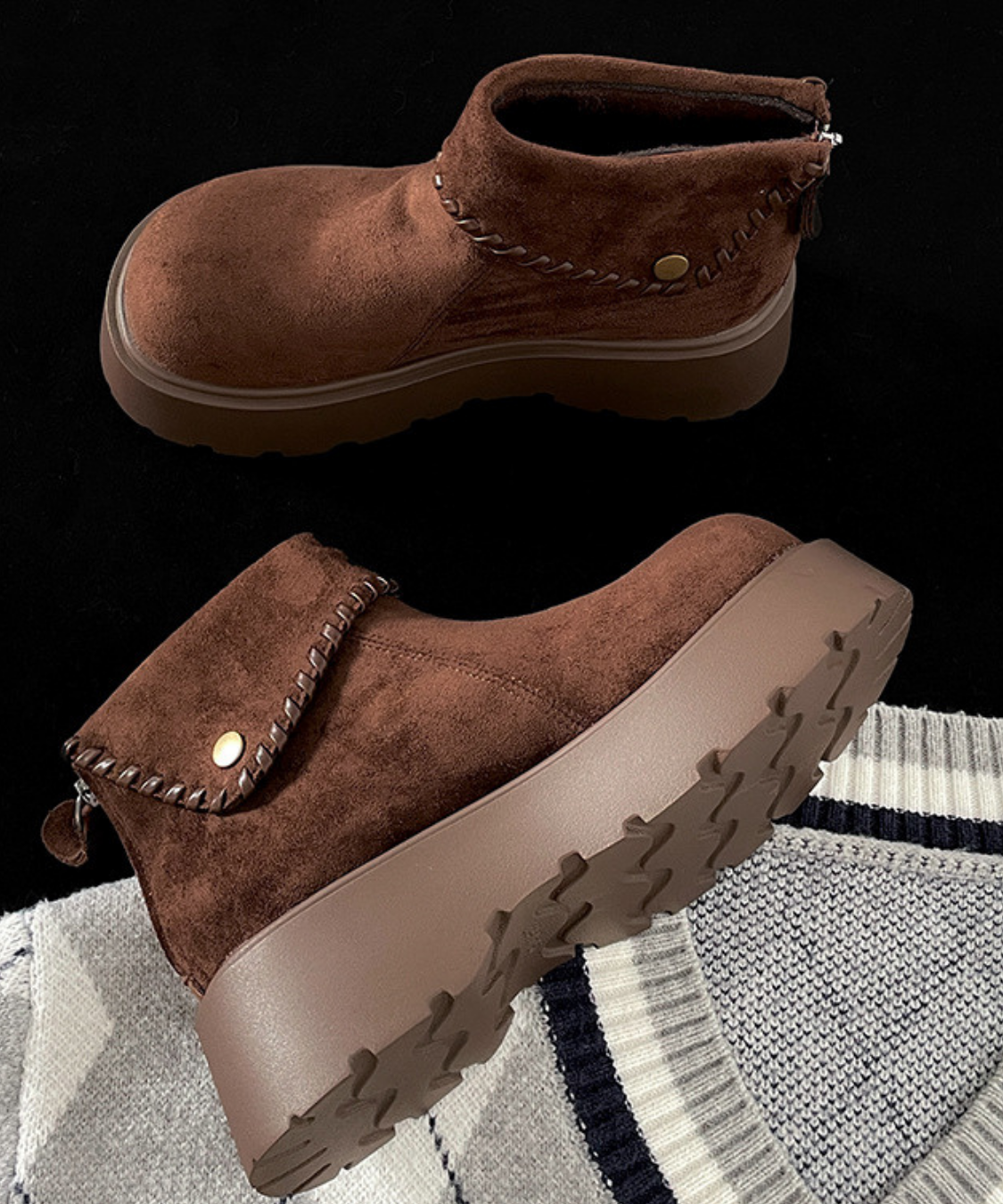 スエード調折り返し厚底ショートブーツ