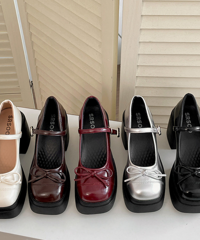 ストラップ付きリボンチャンキーシューズ