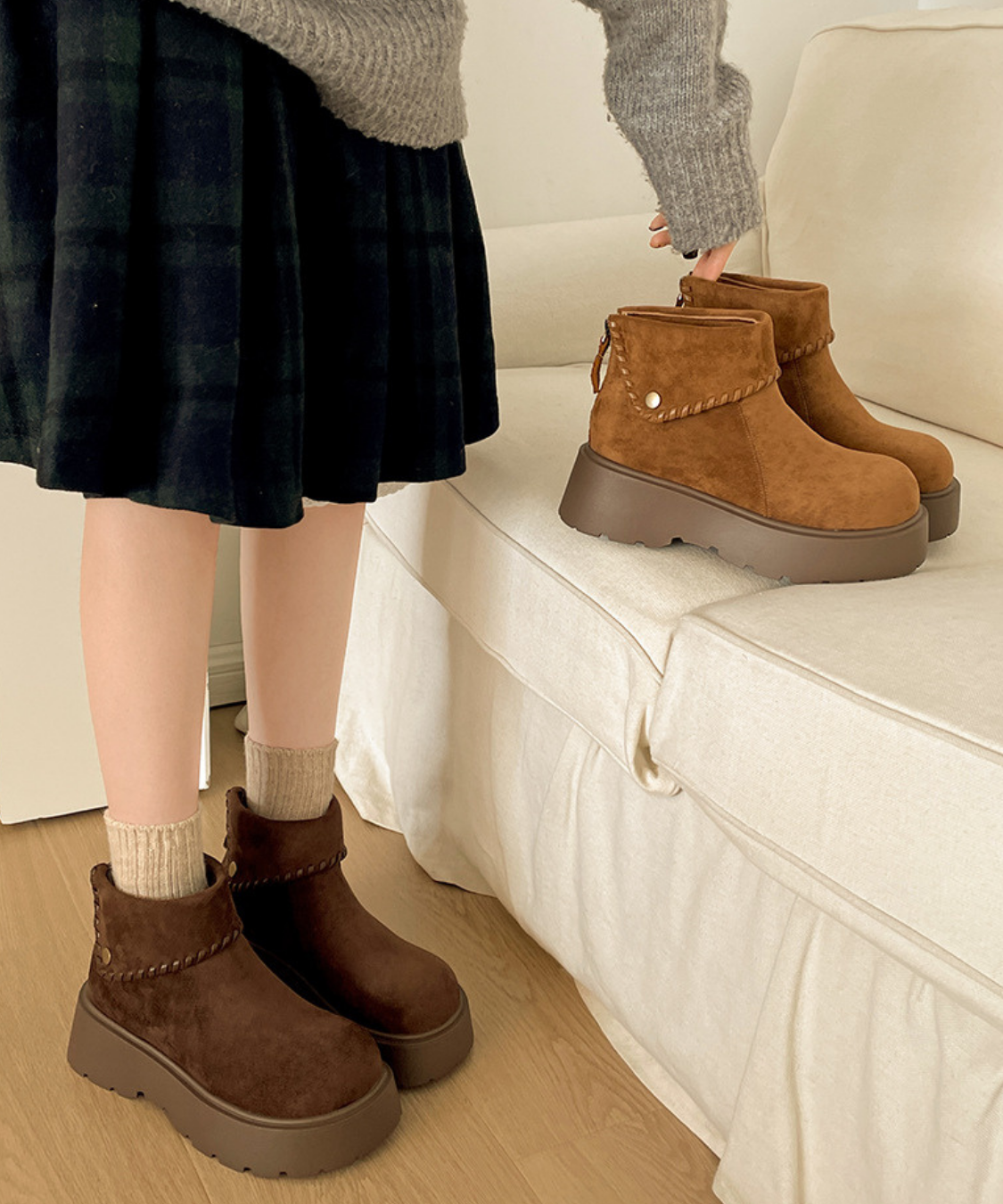スエード調折り返し厚底ショートブーツ