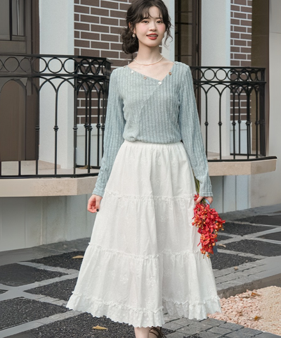 花柄刺繍ティアードフリルロングスカート