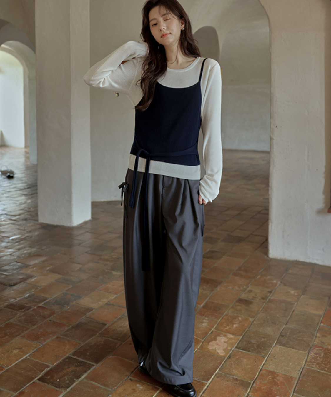 サイドリボンタックワイドパンツ