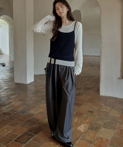 サイドリボンタックワイドパンツ