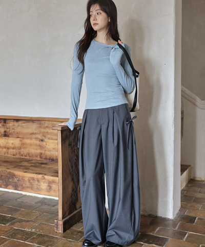 サイドリボンタックワイドパンツ