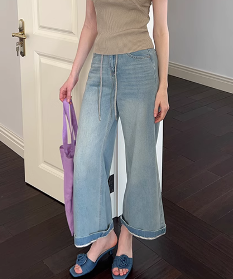 ロープ紐付きワイドクロップドデニムパンツ