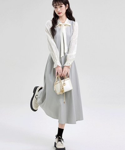 ボウタイレーススリーブ切替フェイクレイヤードワンピース