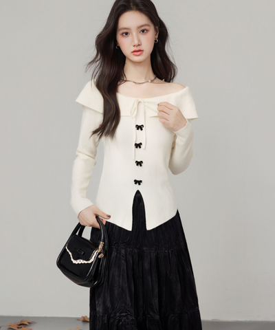 オフショルダーリボントップス＋ティアードスカート 2点セット