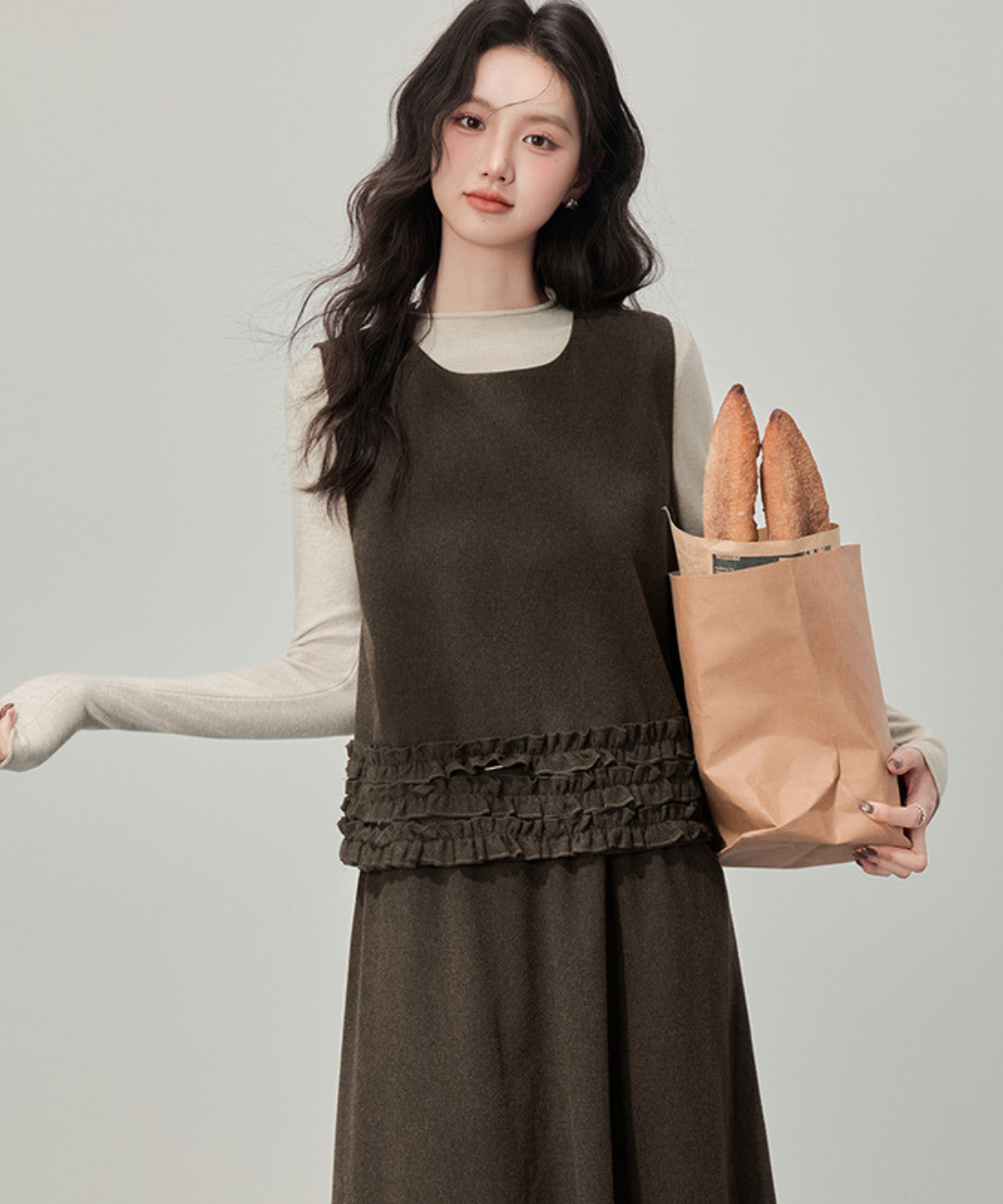 フリルデザインベスト＋カットソー＋フロントフリルスカート 3点セット