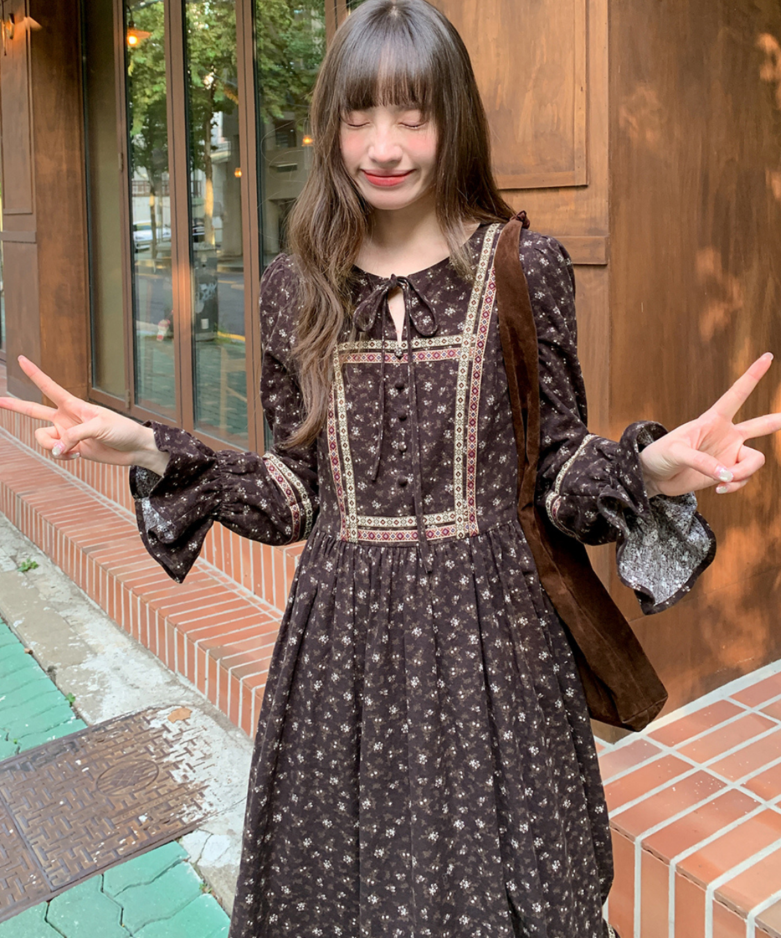 リボン付きラウンドネック民族調ワンピース