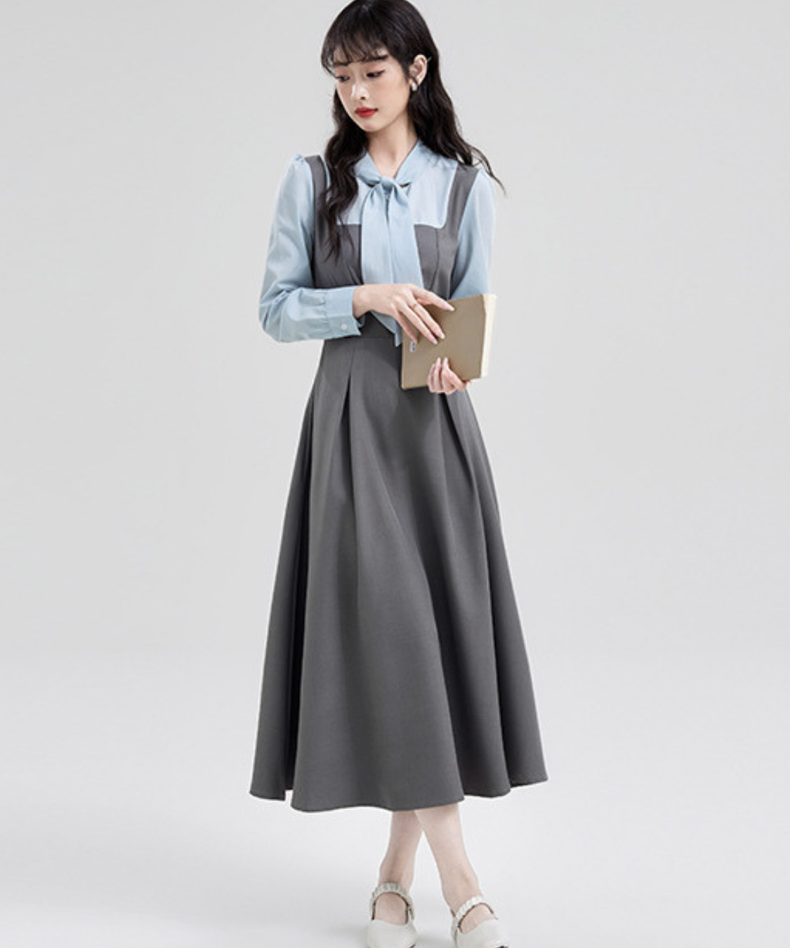 ボウタイブラウス風フェイクジャンスカワンピース