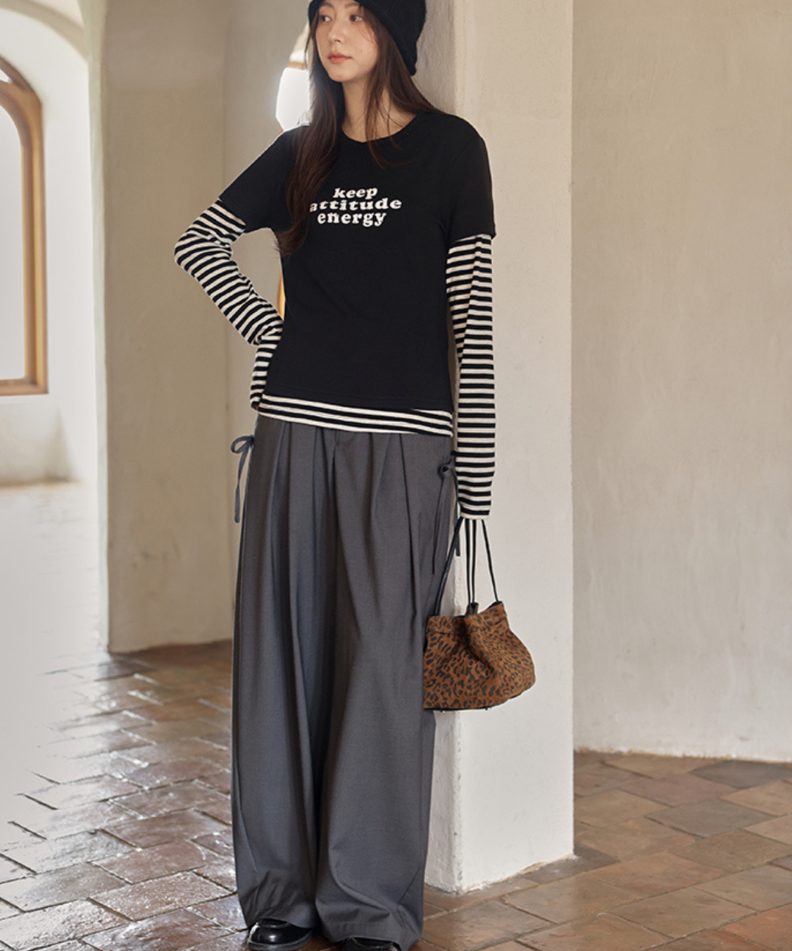 サイドリボンタックワイドパンツ