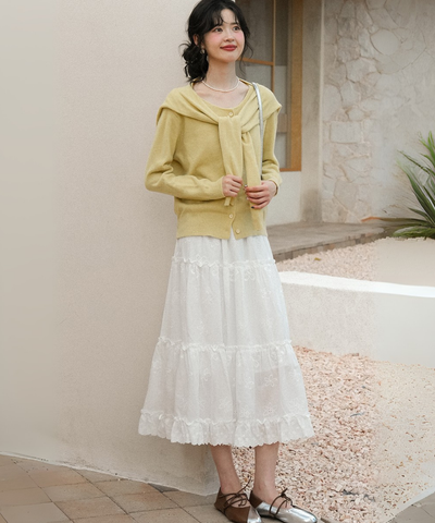 花柄刺繍ティアードフリルロングスカート