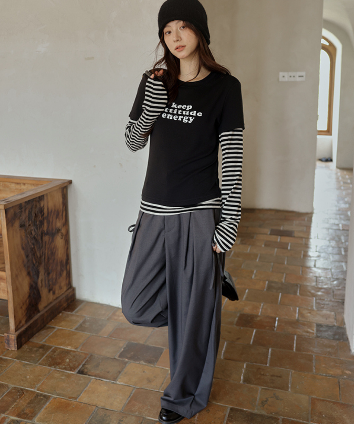 サイドリボンタックワイドパンツ