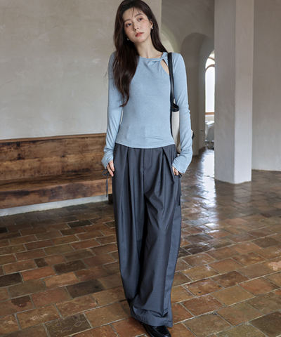 サイドリボンタックワイドパンツ