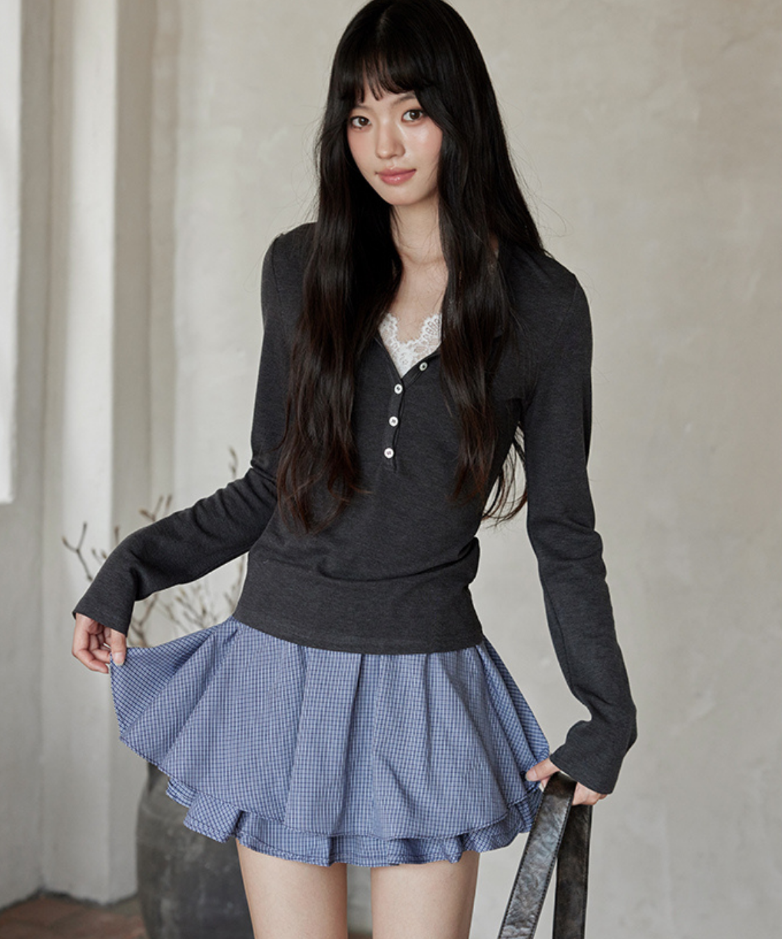 ギンガムチェック二段フリルスカート（セットアップ可）