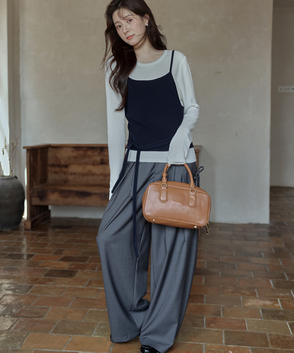 サイドリボンタックワイドパンツ