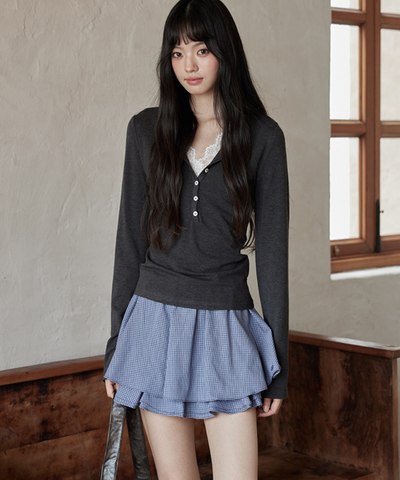 ギンガムチェック二段フリルスカート（セットアップ可）