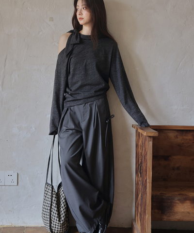 サイドリボンタックワイドパンツ