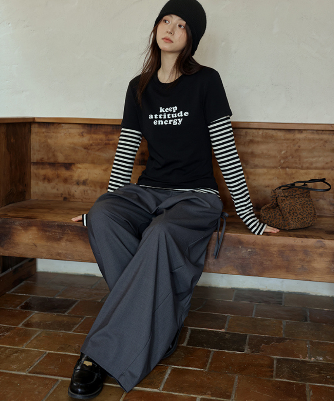 サイドリボンタックワイドパンツ