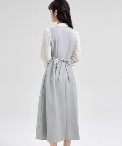 ボウタイレーススリーブ切替フェイクレイヤードワンピース