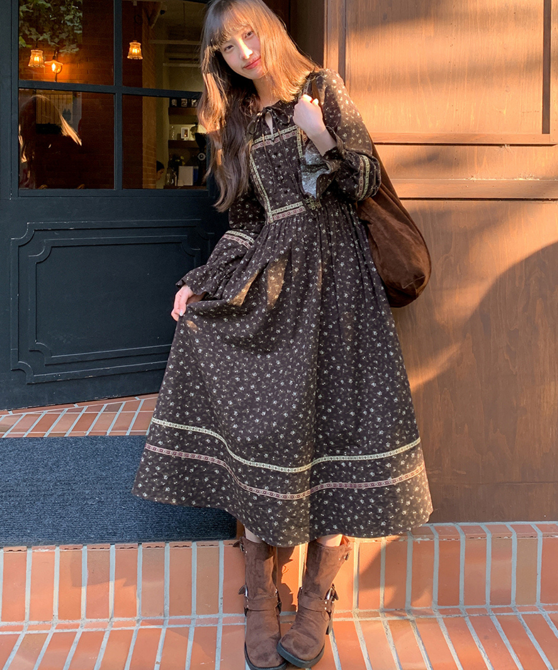 リボン付きラウンドネック民族調ワンピース