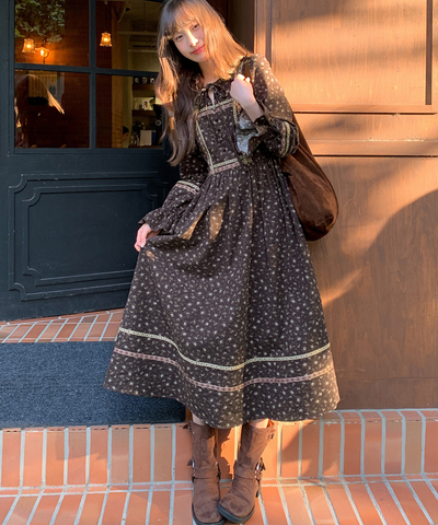 リボン付きラウンドネック民族調ワンピース