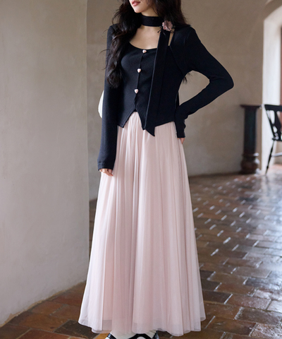 ネックリボンチュール切替ワンピース