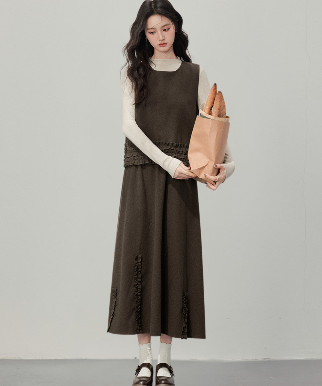 フリルデザインベスト＋カットソー＋フロントフリルスカート 3点セット