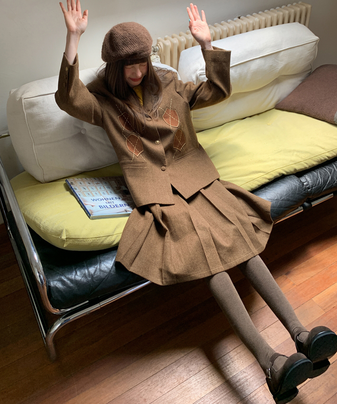 アーガイル刺繍ジャケット＋ボックスプリーツスカート 2点セット