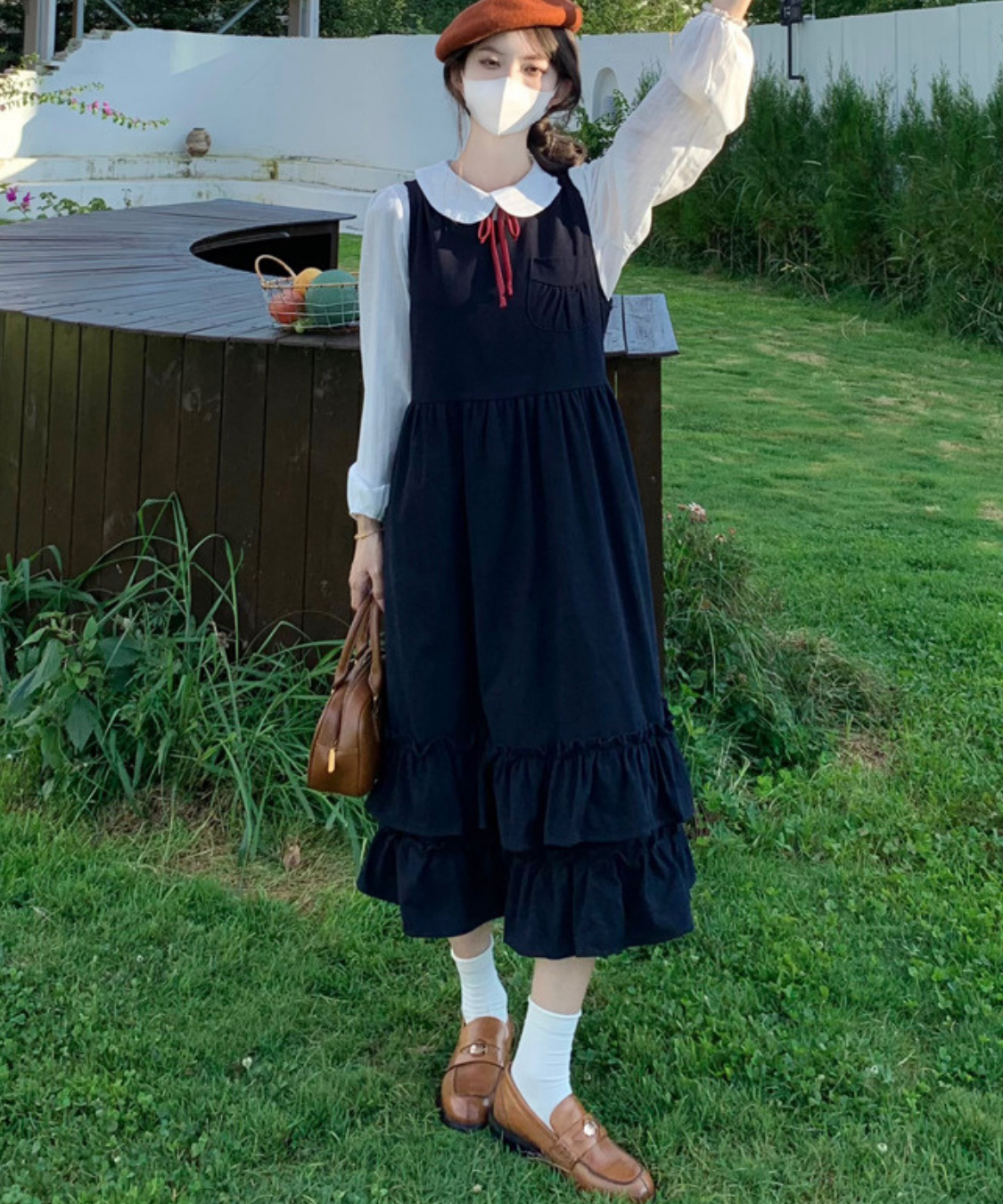 細リボンタイ付きブラウス＋ティアードフリルジャンパースカート 2点セット