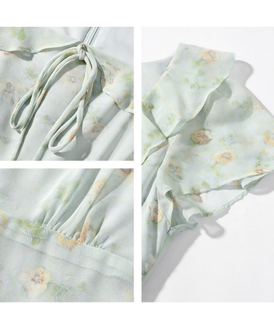 フリルスリーブ胸元リボン付きワンピース